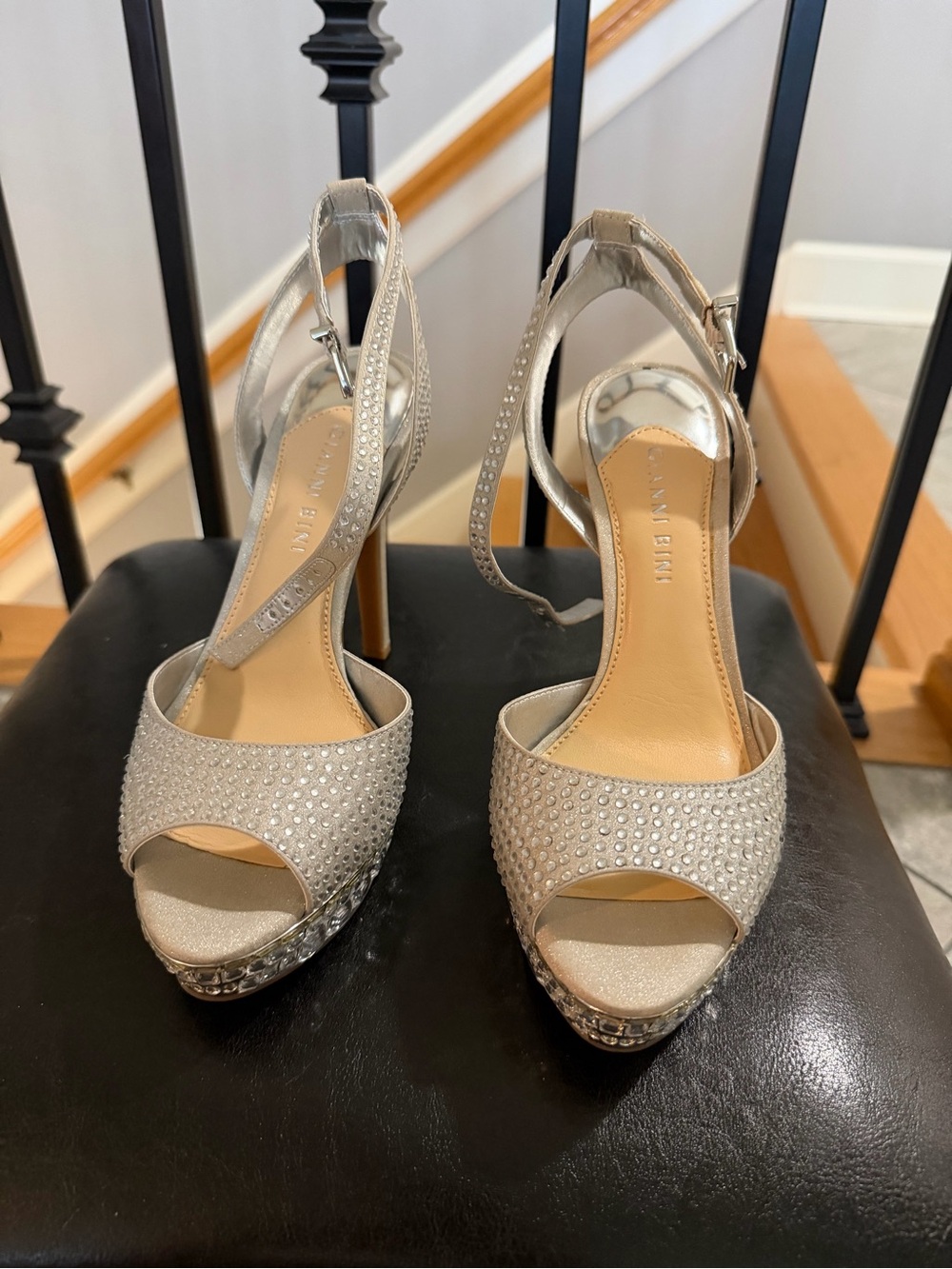 Gianni Bini Silver Crystal Peep-Toe Ankle Strap Heels